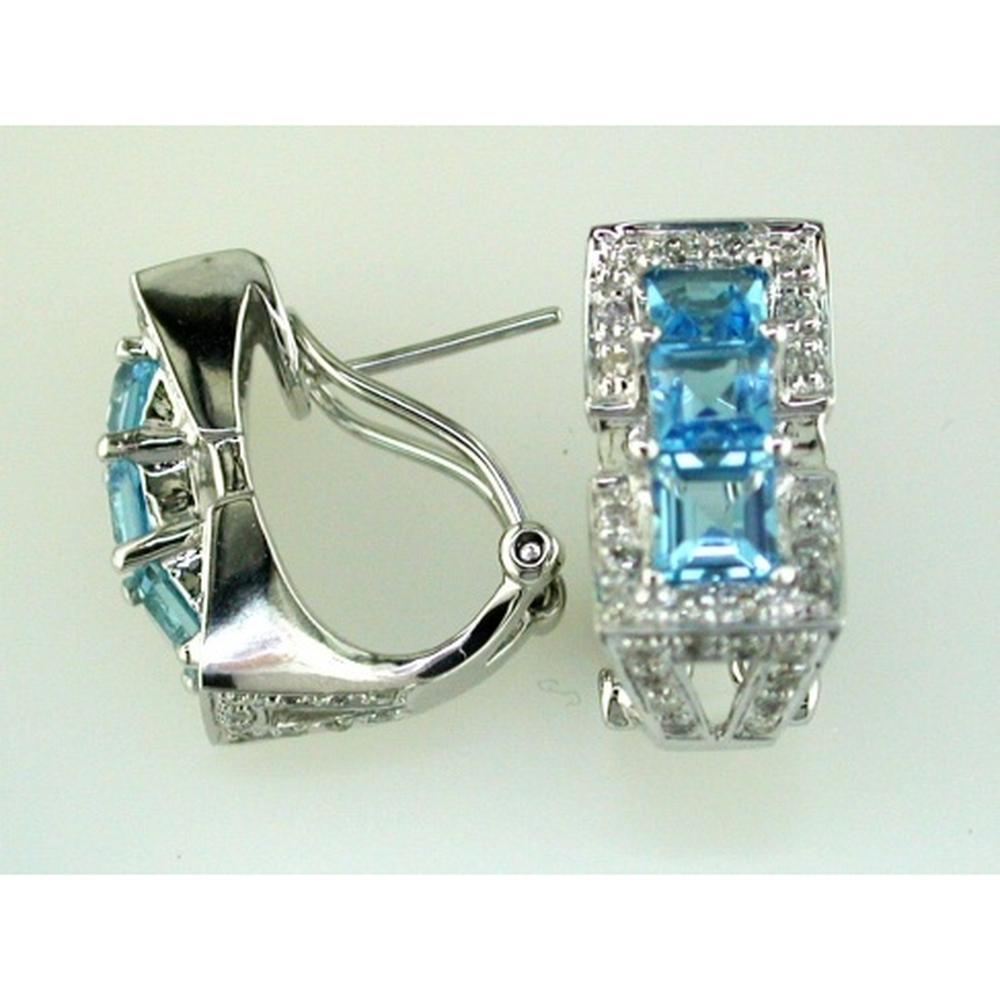 Royal 14K White Gold Diamond & Blue Topaz Princess Cut Earrings - 3.10 Carat Total Gem Weight