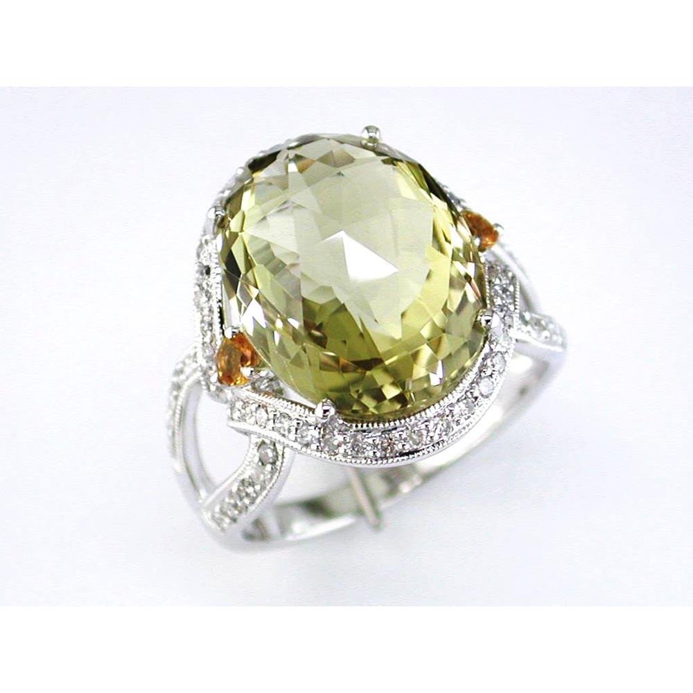 Royal 14K White Gold Diamond & Lemon Quartz Ring - 9.50 Carat Oval L.QZ