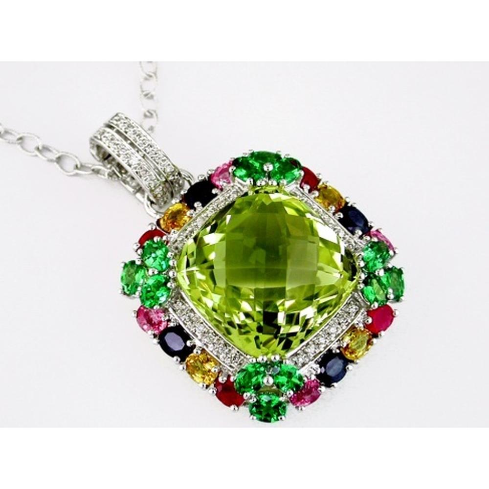 Royal 14K White Gold Diamond and Mixed Sapphire Cushion-Cut Pendant - 33.22 Carat Total Gem Weight