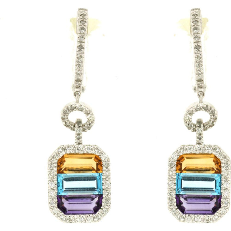 Royal 14K White Gold Diamond & Multi-Color Earrings with Emerald, Blue Topaz, and Amethyst - 4.95 Carat Total Gem Weight