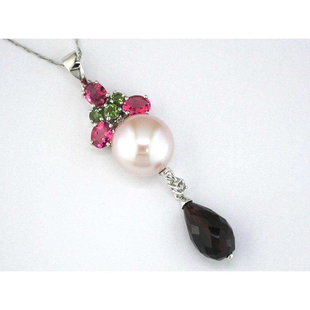 Royal 14K White Gold Diamond and Multi-Color Gemstone Pendant with Pearl Accent