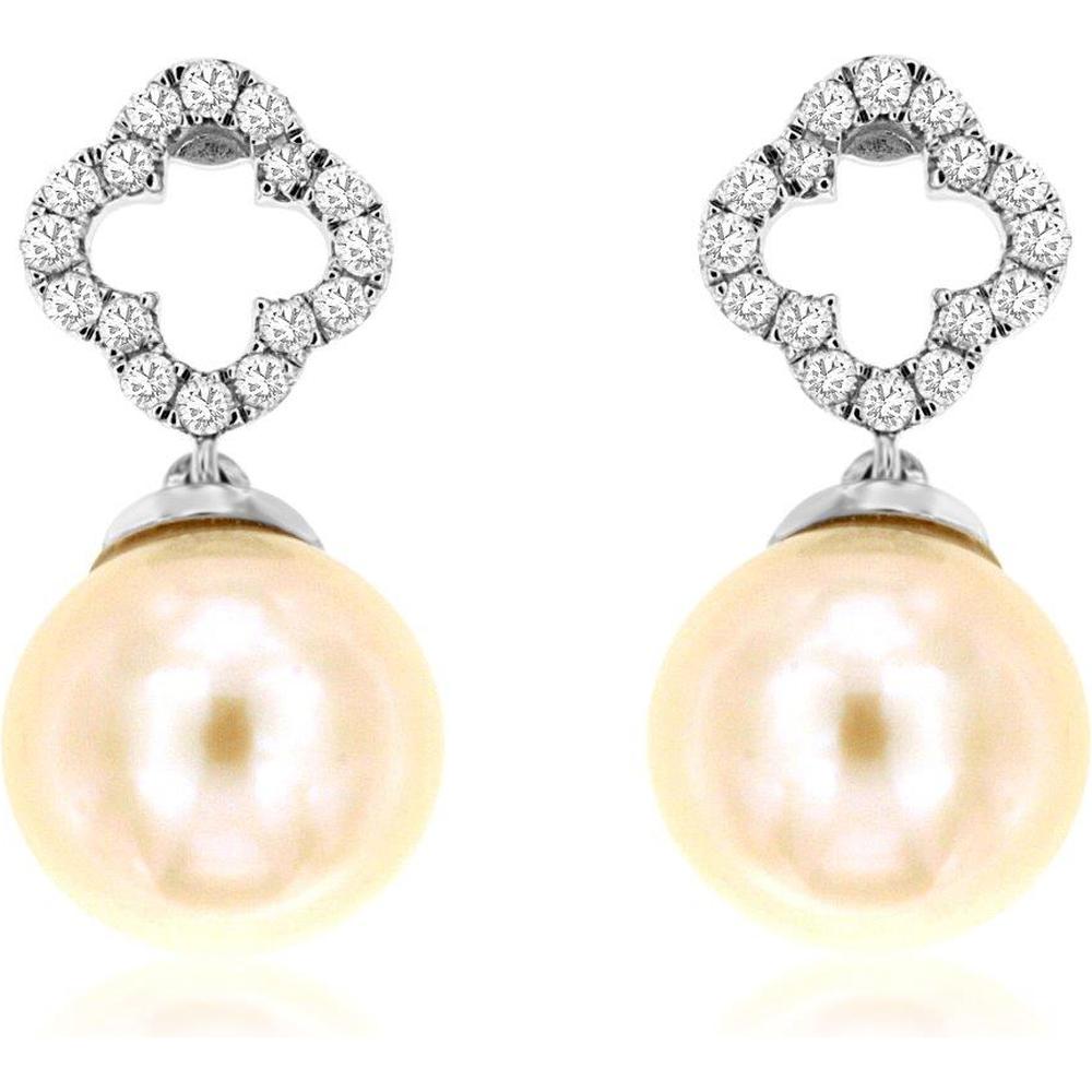 Royal 14K White Gold Diamond & Pearl Drop Earrings with Diamond Cluster - 0.15 Carats Total Diamond Weight