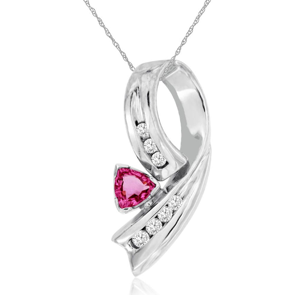Royal 14K White Gold Diamond & Pink Sapphire Trillion Pendant - 0.27 Carat Diamond, 0.60 Carat Pink Sapphire