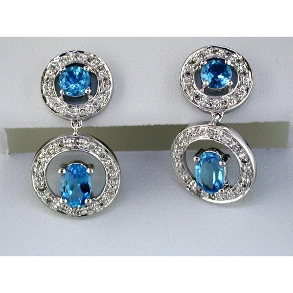 Royal 14K White Gold Diamond Blue Topaz Oval Earrings - 1.80 Carat Blue Topaz, 0.33 Carat Diamond