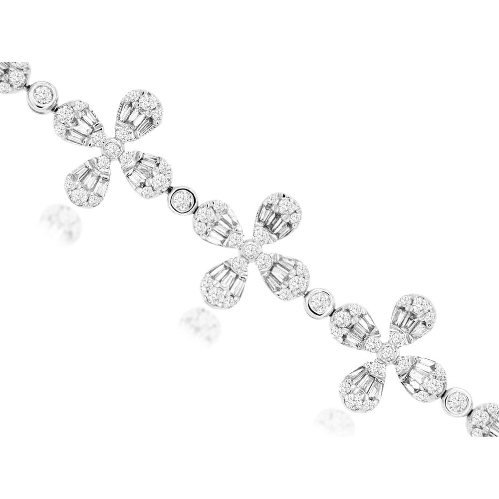 Royal 14K White Gold Diamond Bracelet with Floral Motif and Round Baguette Diamonds - 3.35 Carats Total Diamond Weight