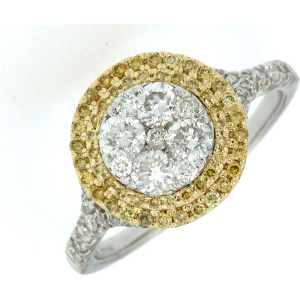 Royal 14K White Gold Diamond Cluster Ring with Double Halo of Yellow Diamonds - 1.00 Carats Total Diamond Weight
