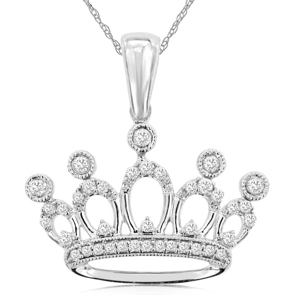 Royal 14K White Gold Diamond Crown Pendant - 0.16 Carats Total Diamond Weight