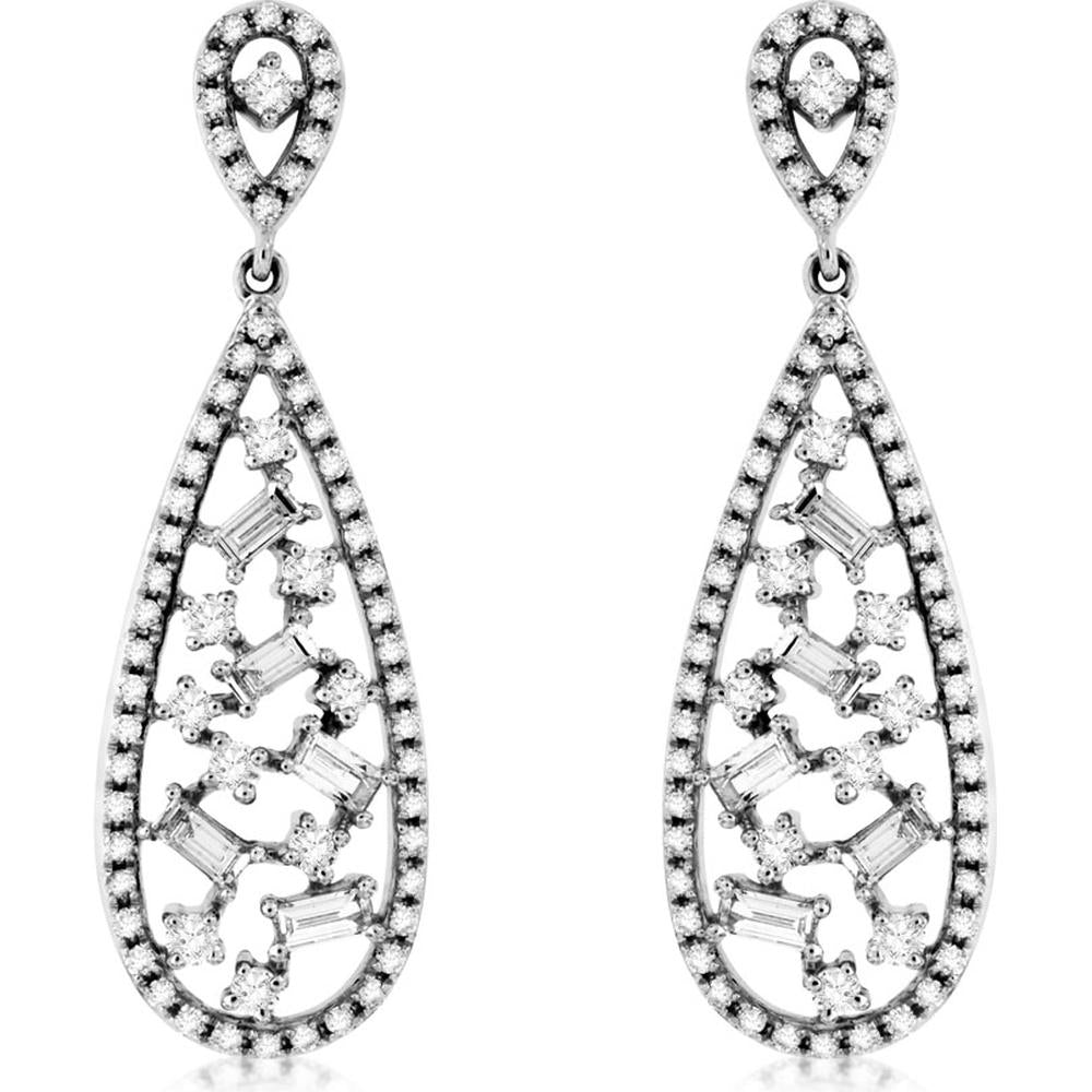 Royal 14K White Gold Diamond Earrings - 0.52 Carat Round Diamond, 0.31 Carat Baguette Diamonds