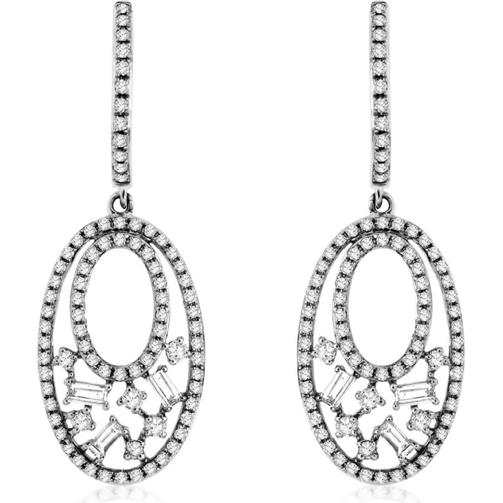 Royal 14K White Gold Diamond Earrings - 0.58 Carat Round Diamond & 0.17 Carat Baguette Diamonds
