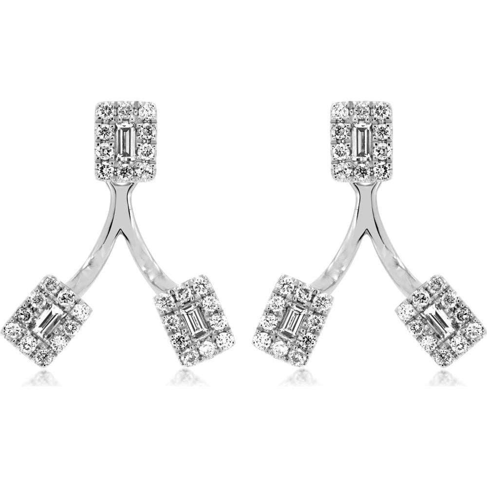 Royal 14K White Gold Diamond Earrings with Baguette and Round Diamonds - 0.49 Carats Total Diamond Weight
