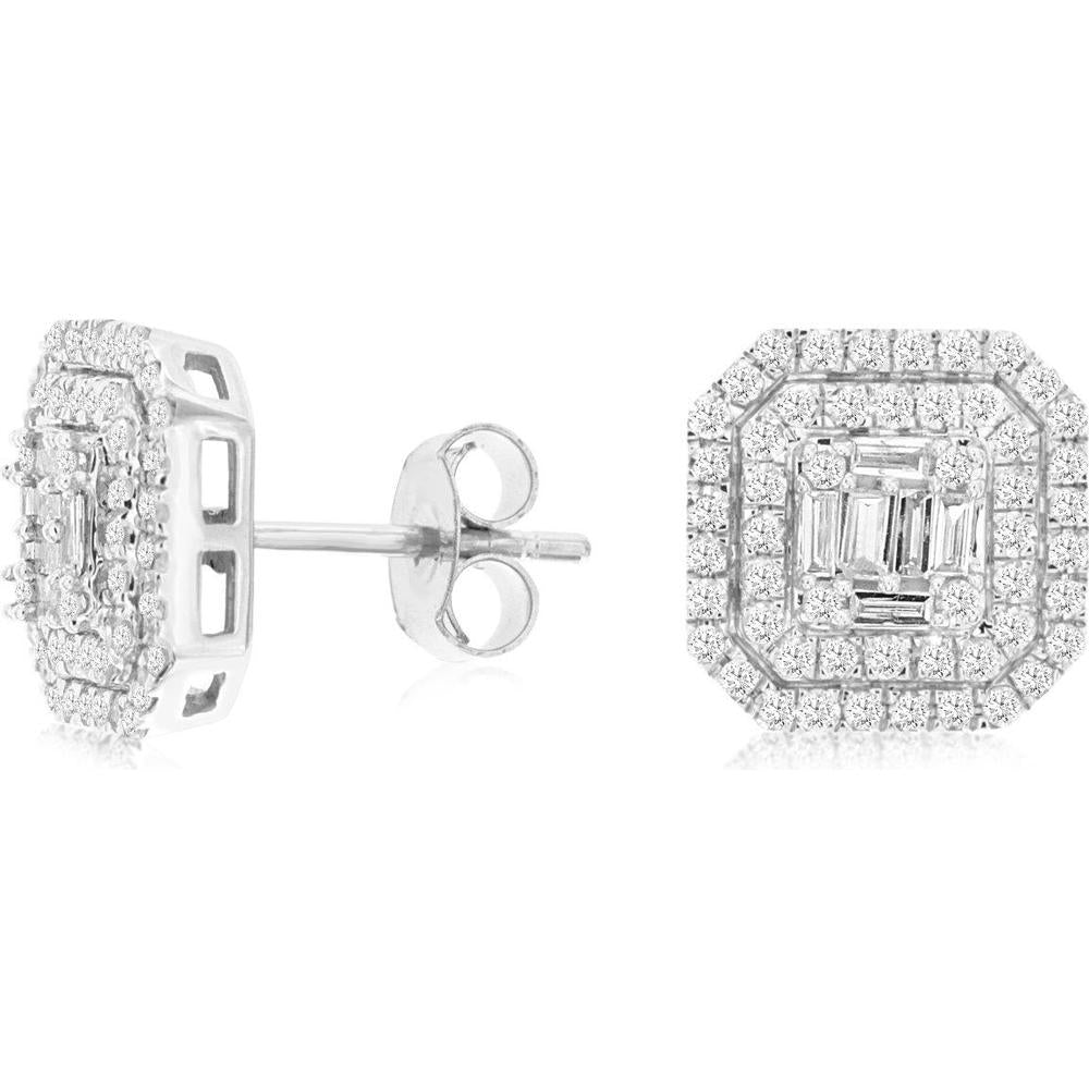 Royal 14K White Gold Diamond Earrings with Round and Baguette Diamonds - 1.42 Carats Total Diamond Weight
