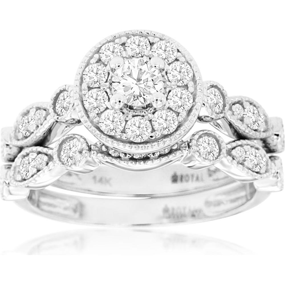 Royal 14K White Gold Diamond Engagement & Wedding Set - 0.98 Carat Diamond Weight
