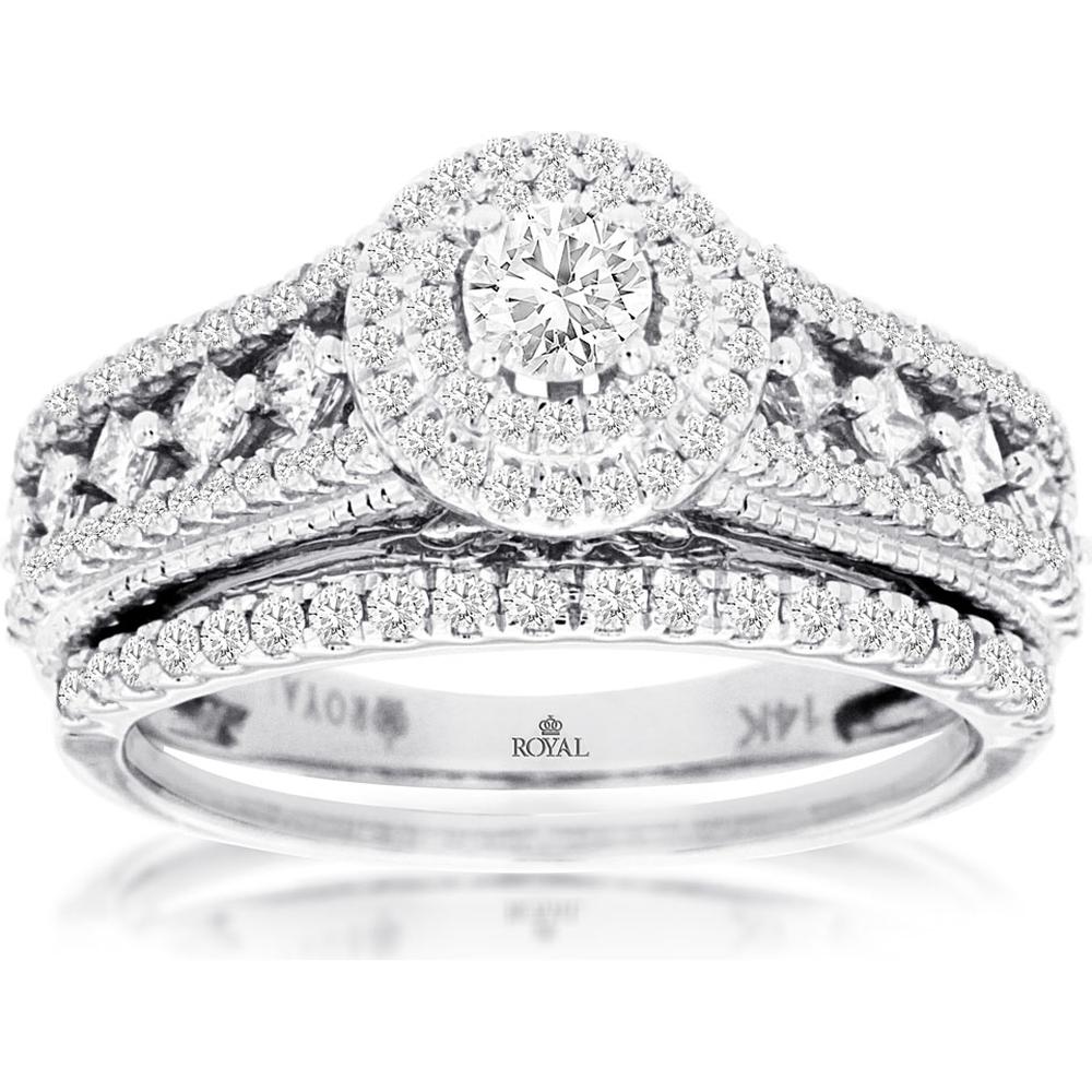 Royal 14K White Gold Diamond Engagement & Wedding Set with Halo Design - 1.00 Carats Total Diamond Weight