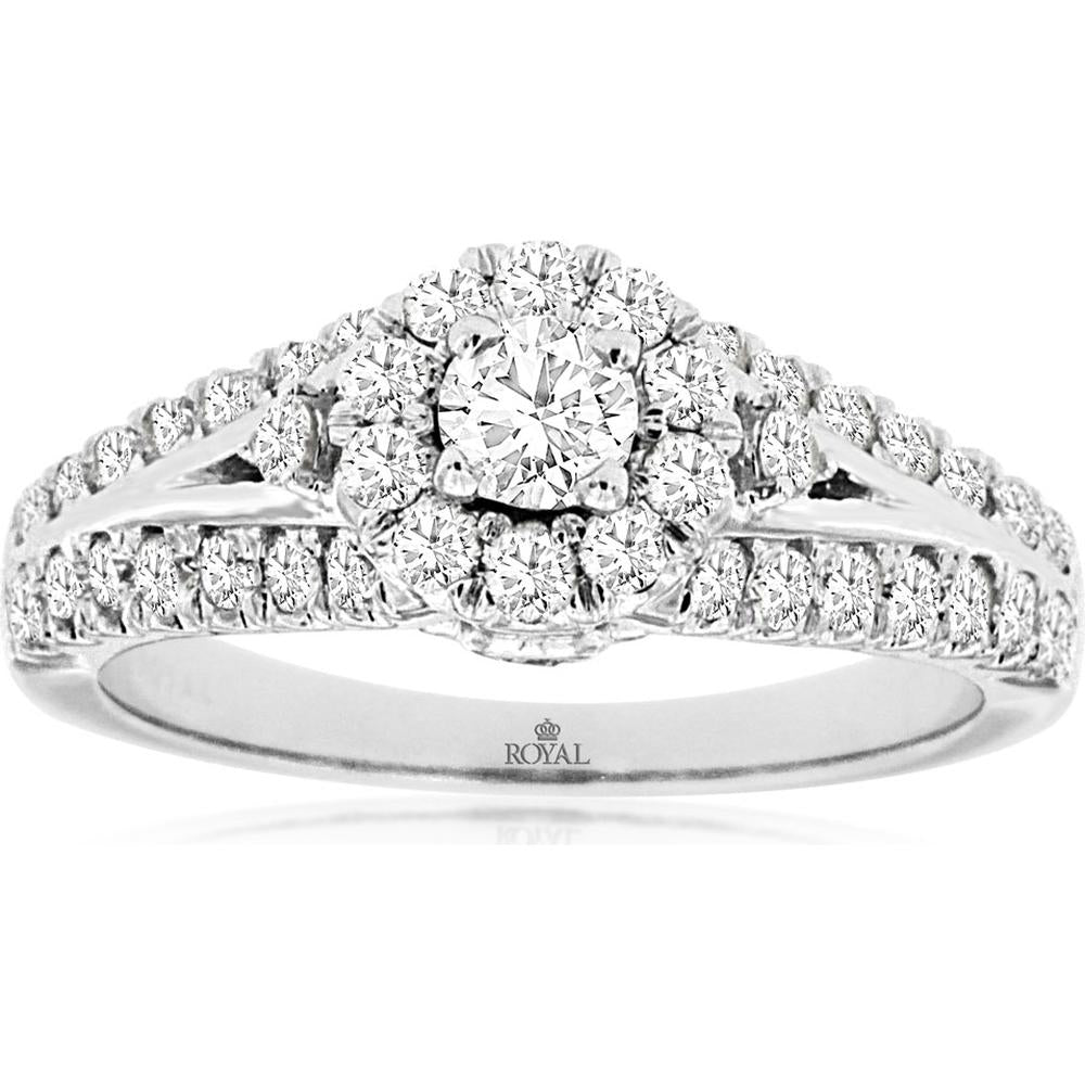 Royal 14K White Gold Diamond Engagement Ring with Halo Setting - 1.02 Carats Total Diamond Weight