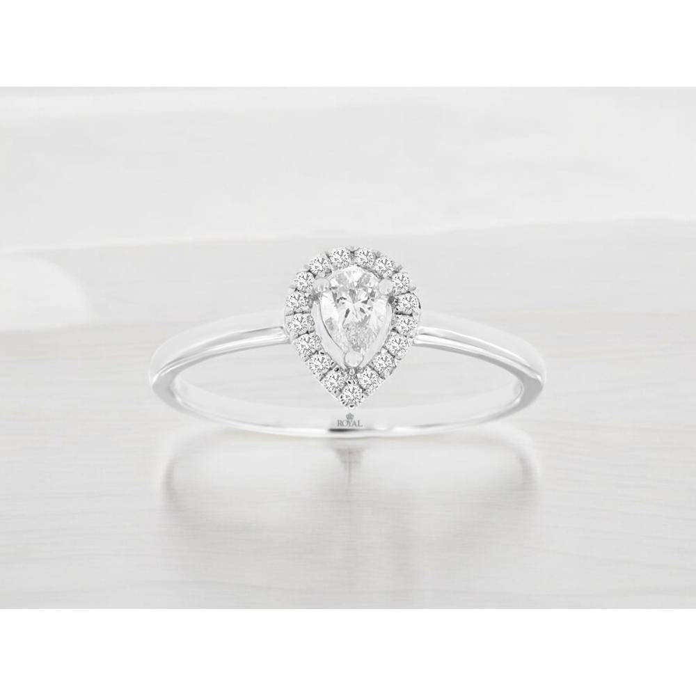 Royal 14K White Gold Diamond Engagement Ring with Pear-Shaped Center and Halo Accents - 0.10 Carats Total Diamond Weight