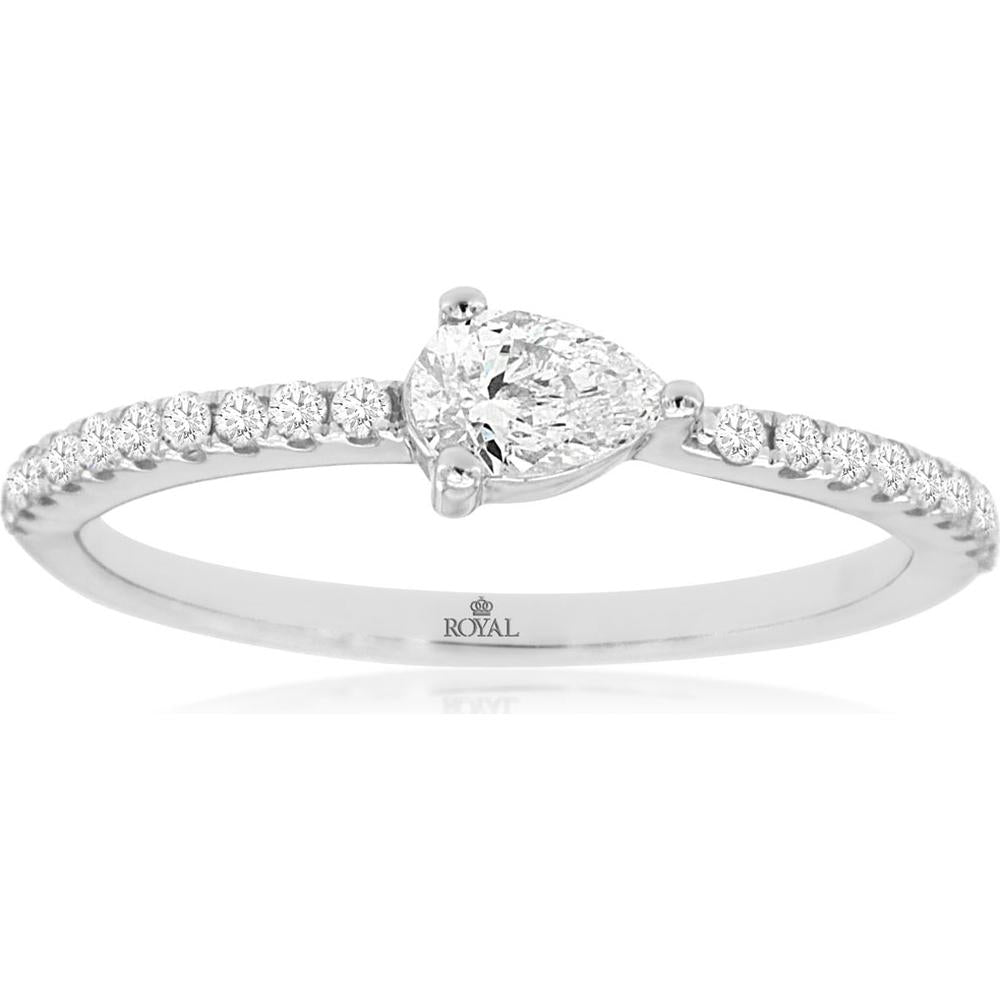 Royal 14K White Gold Diamond Engagement Ring with Pear-Shaped Diamond Center and Paved Diamond Band - 0.42 Carats Total Diamond Weight