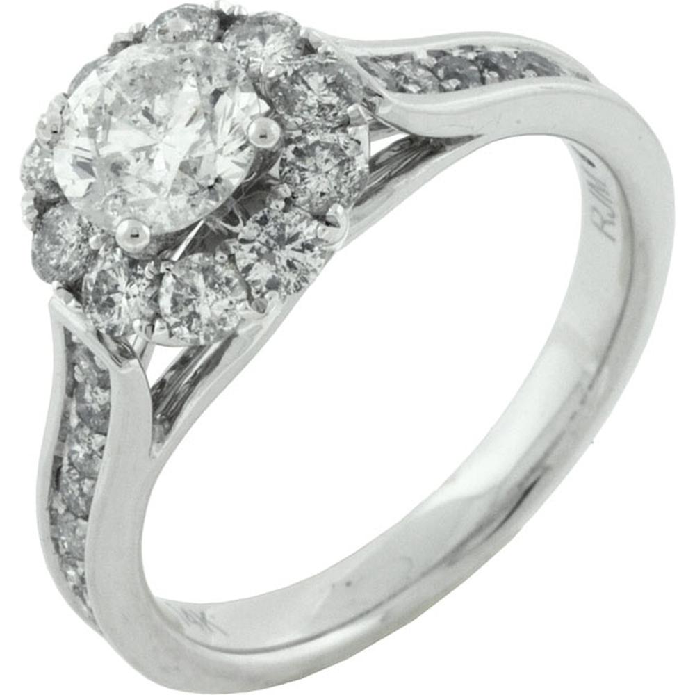Royal 14K White Gold Diamond Engagement Ring with Round-Cut Center and Halo - 1.58 Carats Total Diamond Weight