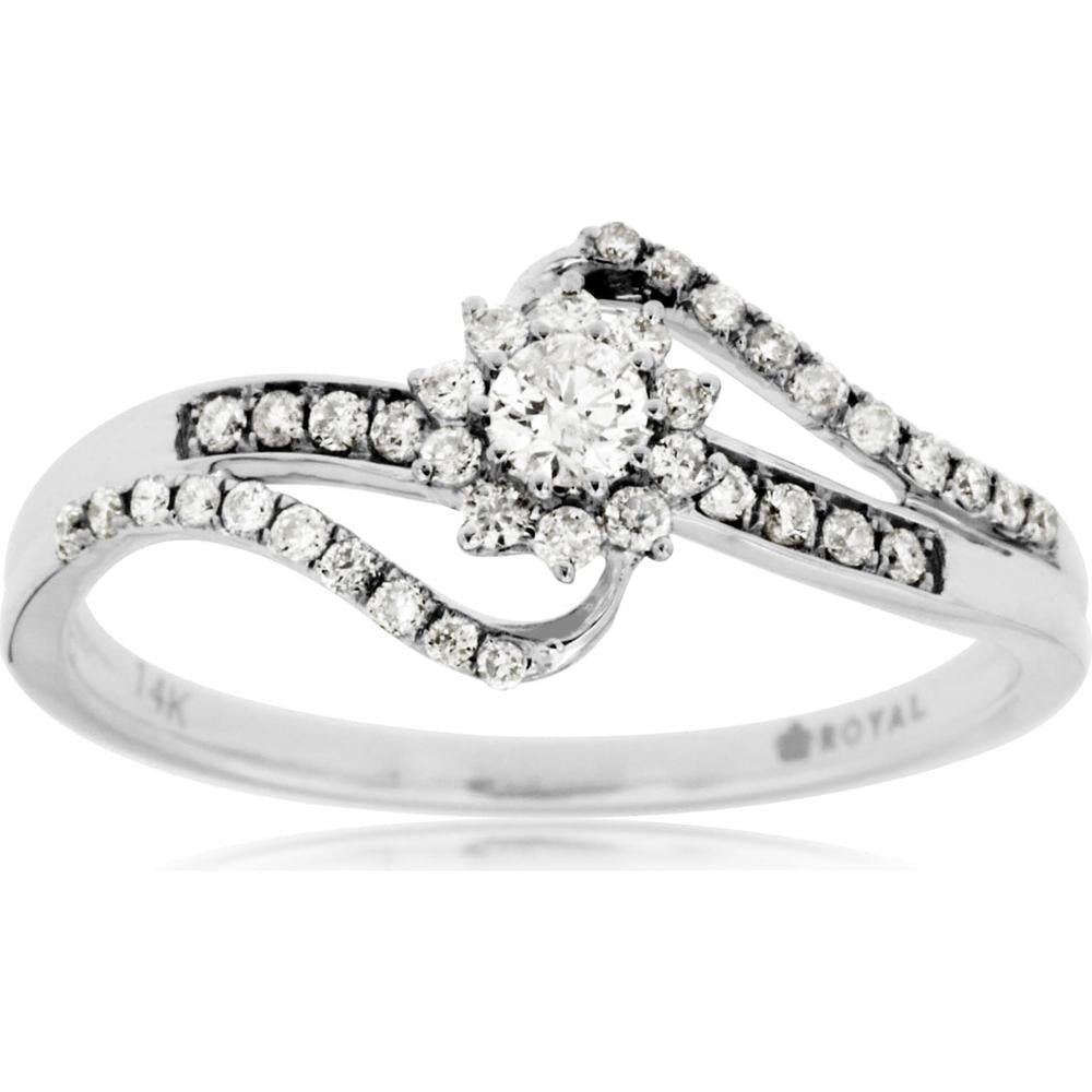 Royal 14K White Gold Diamond Engagement Ring with Swirl Design and 0.30 Carat Diamond