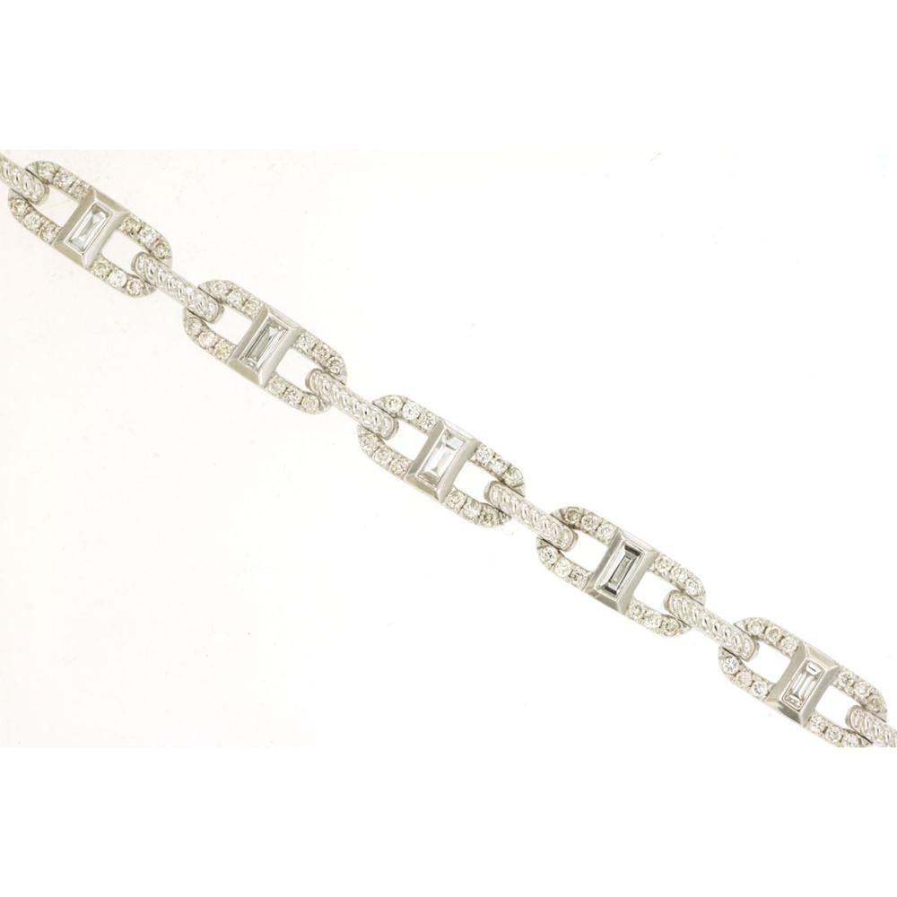 Royal 14K White Gold Diamond Fancy Link Bracelet with Baguette Diamonds - 0.28 Carats Total Diamond Weight