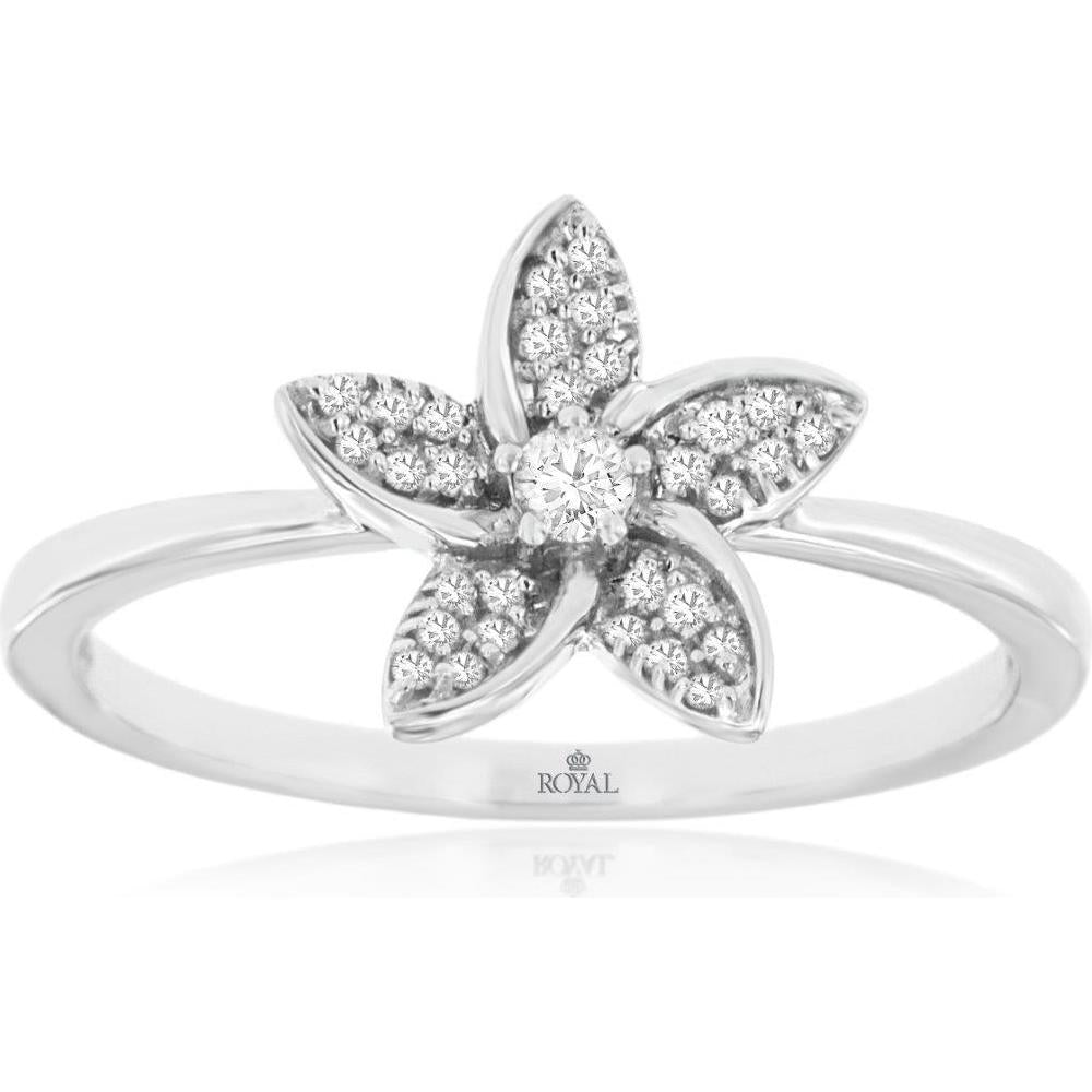 Royal 14K White Gold Diamond Flower Motif Ladies' Ring with 0.14 Carat Central Diamond and Accentuating Diamonds