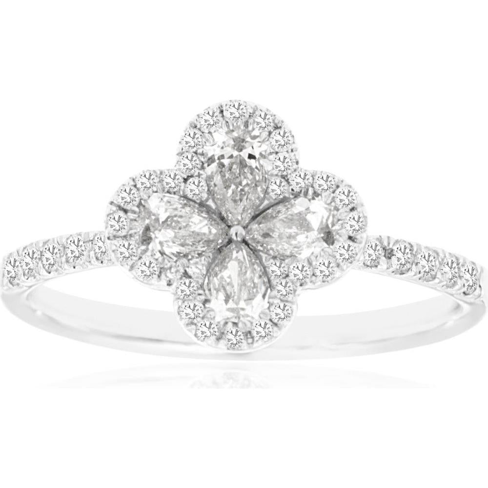 Royal 14K White Gold Diamond Flower Ring with Pear and Round Diamonds - 0.85 Carats Total Diamond Weight