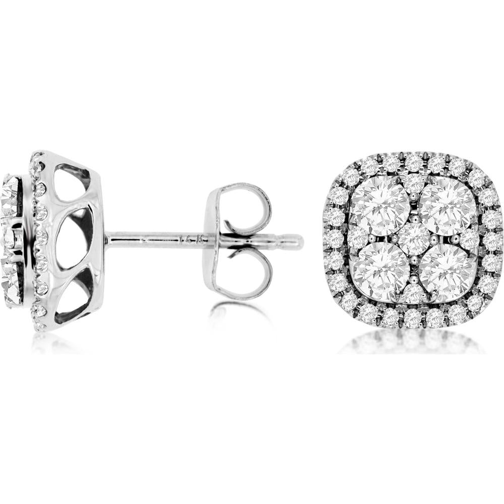 Royal 14K White Gold Diamond Halo Earrings with Round Diamonds - 1.50 Carats Total Diamond Weight