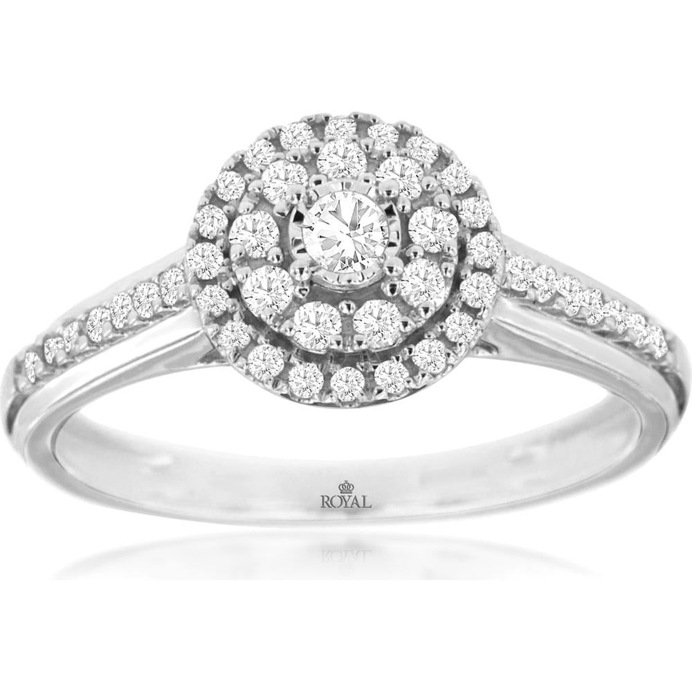 Royal 14K White Gold Diamond Halo Engagement Ring with Round Cut Center Diamond - 0.40 Carats Total Diamond Weight