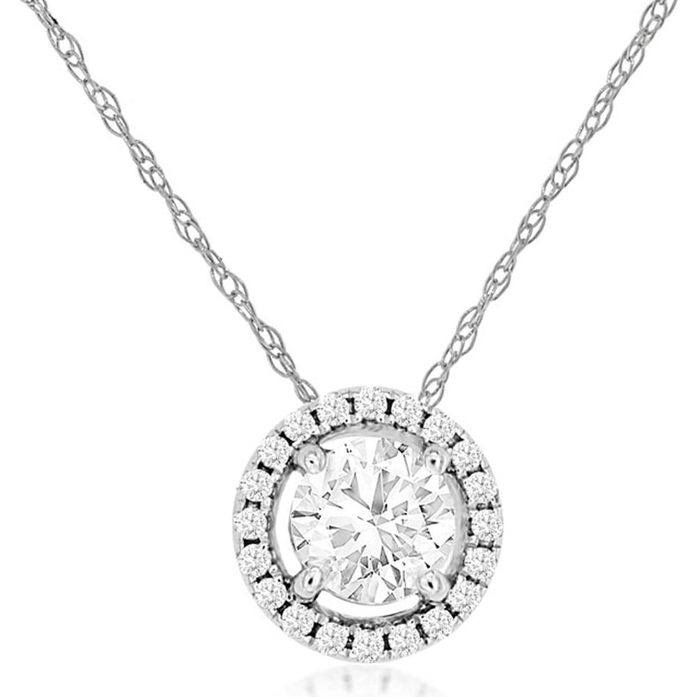 Royal 14K White Gold Diamond Halo Pendant Necklace with Round Cut Center Diamond - 0.50 Carats Total Diamond Weight