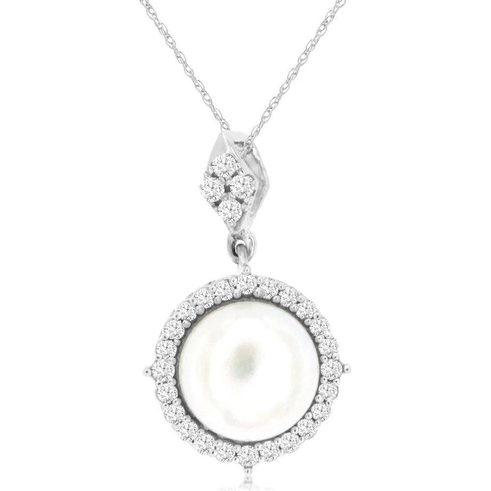 Royal 14K White Gold Diamond Halo Pendant with Lustrous Pearl - 0.19 Carat Total Diamond Weight