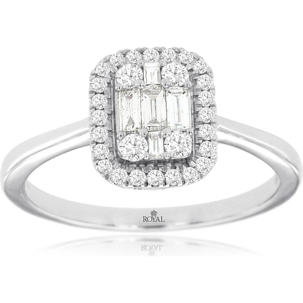Royal 14K White Gold Diamond Halo Ring with Baguette and Round Diamonds - 0.40 Carats Total Diamond Weight