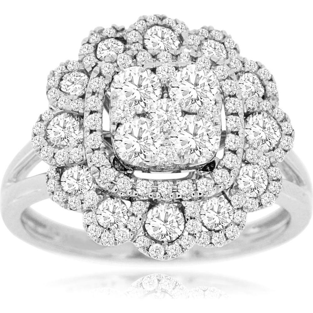 Royal 14K White Gold Diamond Halo Ring with Cushion Cut Cluster - 1.55 Carats Total Diamond Weight