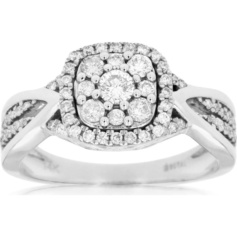 Royal 14K White Gold Diamond Halo Ring with Round Diamonds - 0.57 Carats Total Diamond Weight