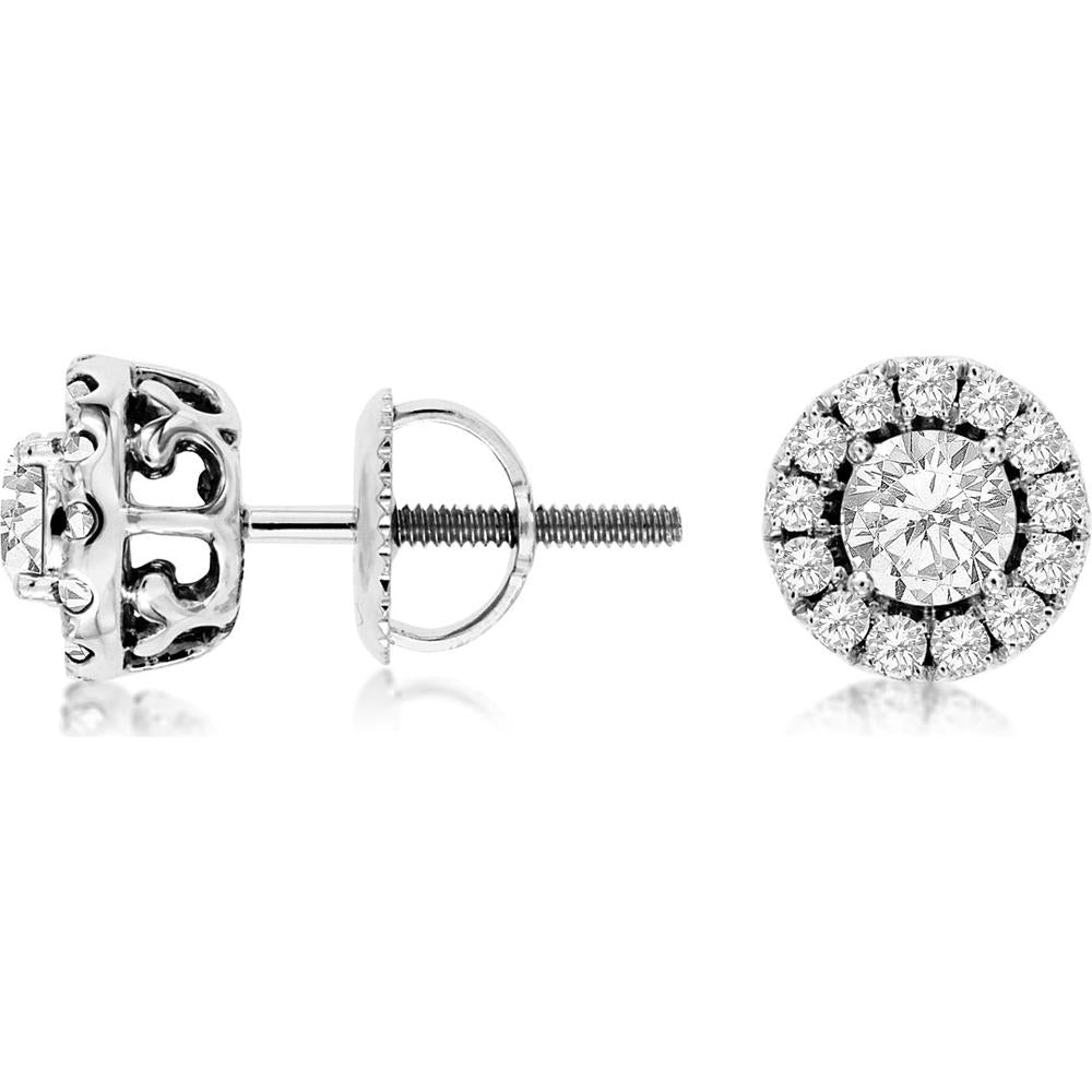 Royal 14K White Gold Diamond Halo Stud Earrings with Milgrain Detail - 0.75 Carats Total Diamond Weight