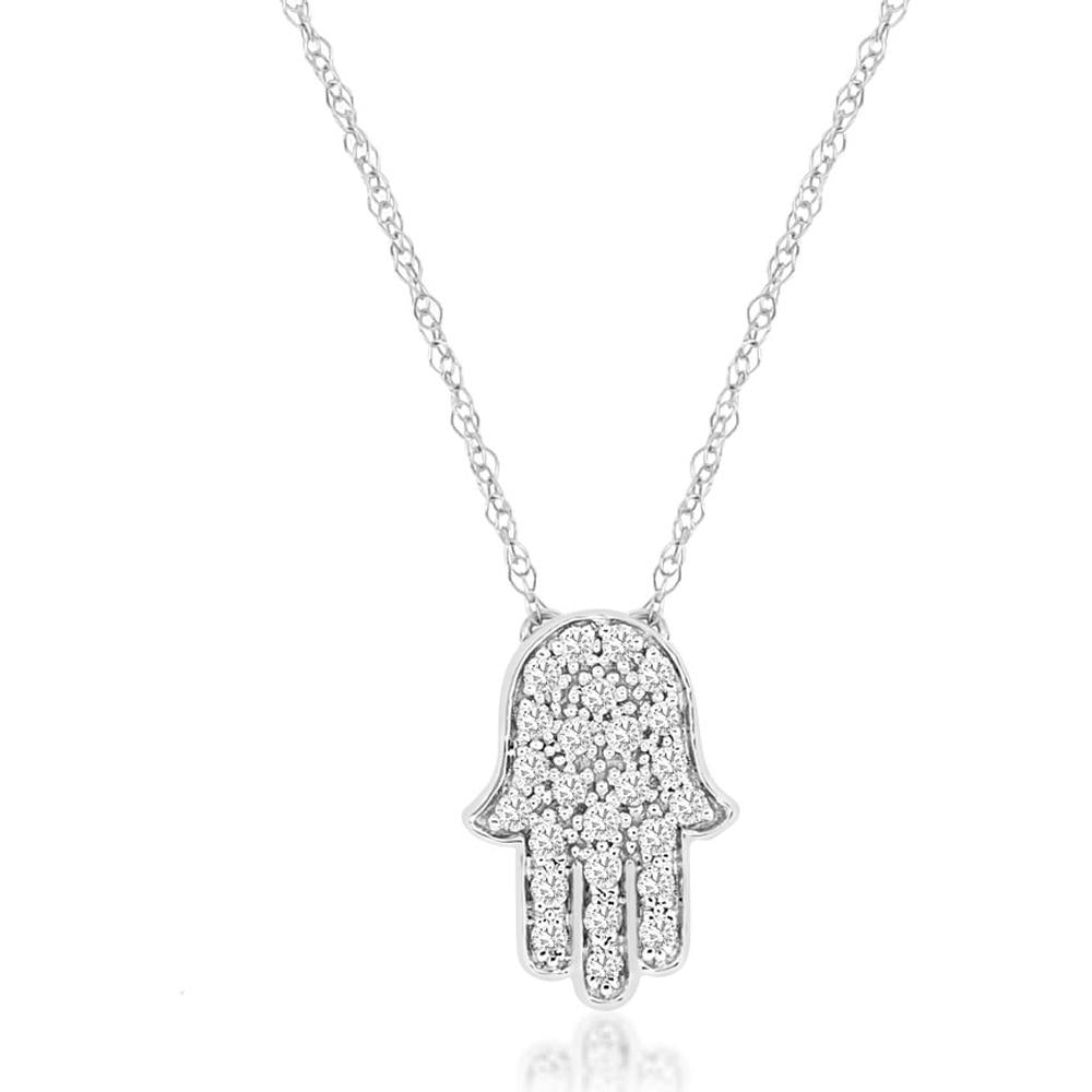 Royal 14K White Gold Diamond Hamsa Pendant Necklace - 0.13 Carats Total Diamond Weight