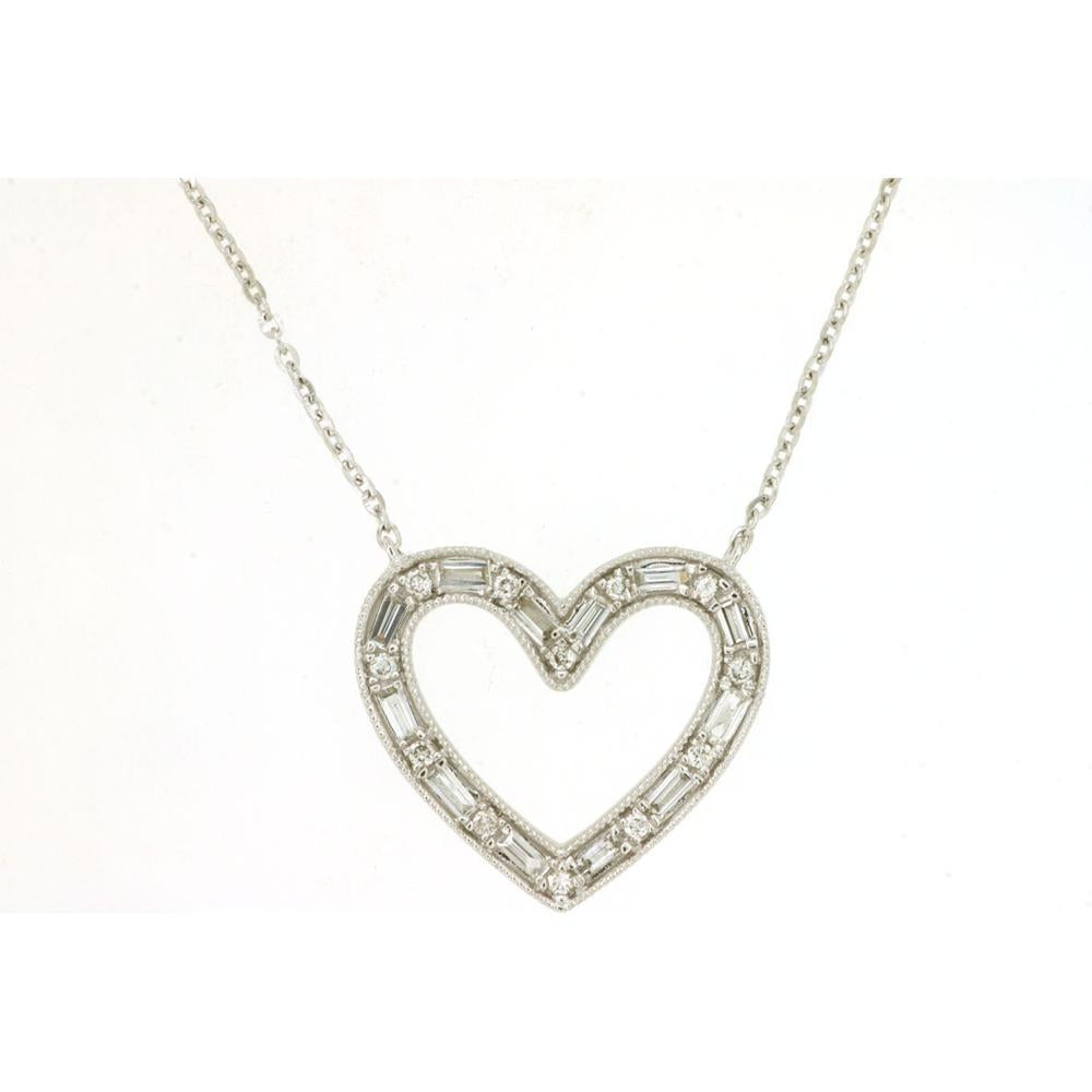 Royal 14K White Gold Diamond Heart Pendant Necklace with Baguette and Round Cut Diamonds - 0.24 Carats Total Diamond Weight