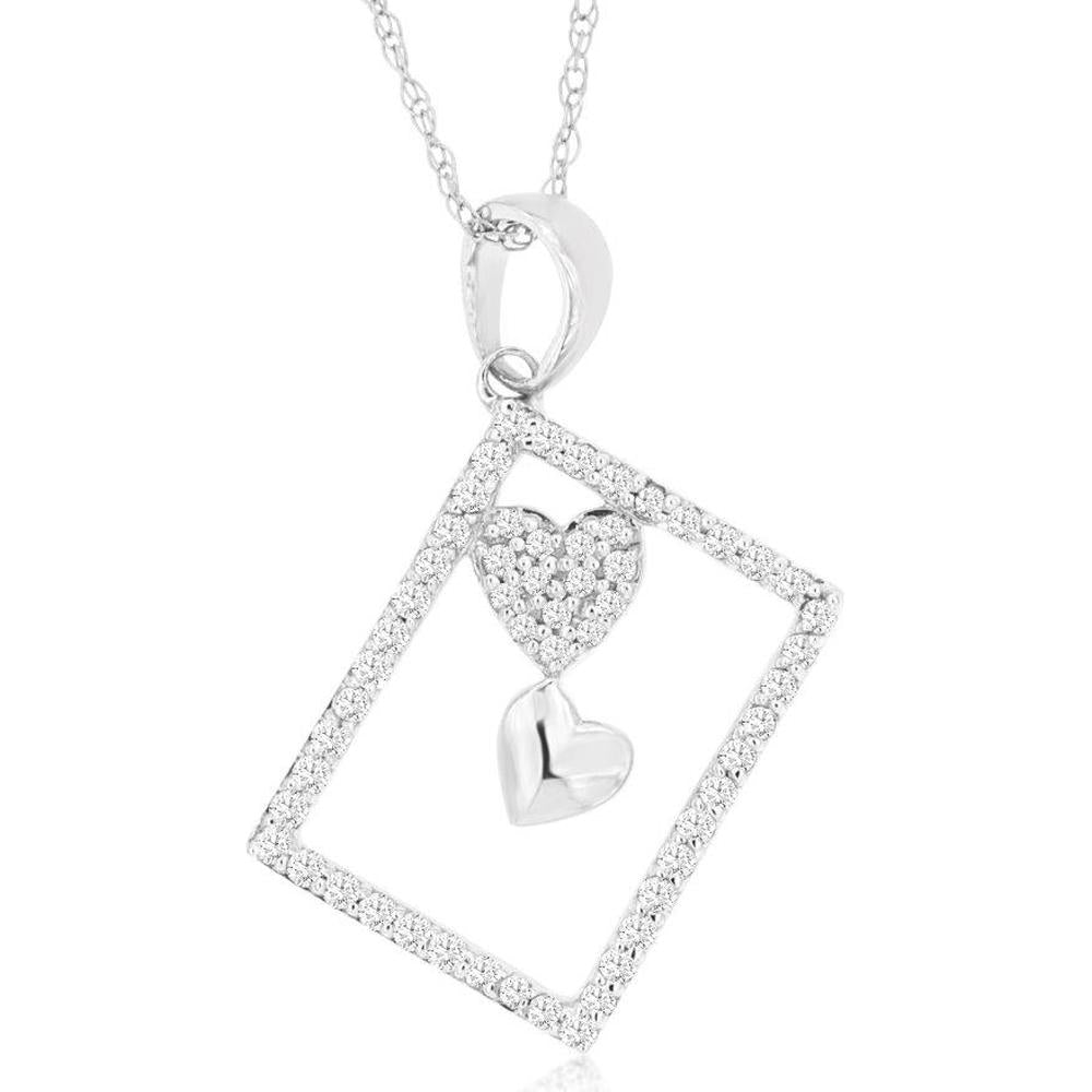 Royal 14K White Gold Diamond Heart Pendant with Diamond Accent Frame - 0.20 Carats Total Diamond Weight