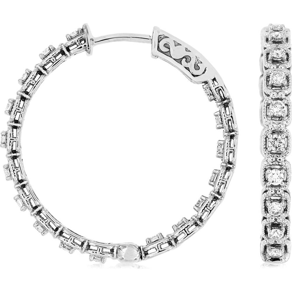 Royal 14K White Gold Diamond Hoop Earrings with 0.85 Carats Total Diamond Weight