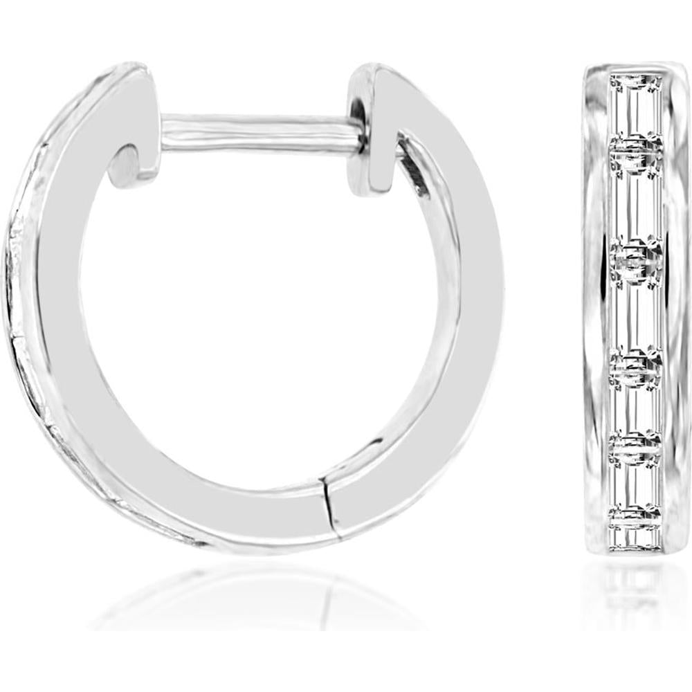 Royal 14K White Gold Diamond Hoop Earrings with Baguette Diamonds - 0.31 Carats Total Diamond Weight