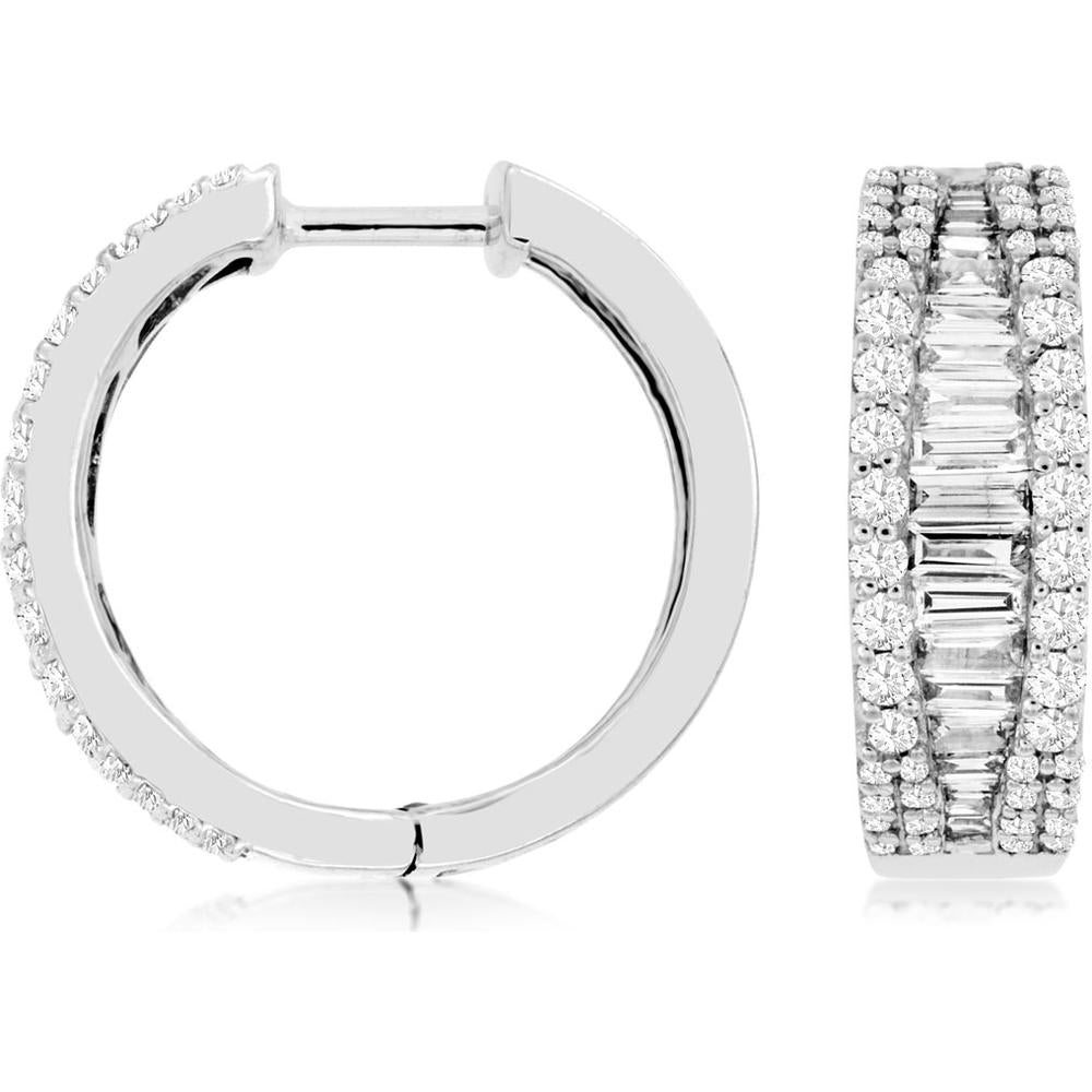 Royal 14K White Gold Diamond Hoop Earrings with Round and Baguette Diamonds - 1.28 Carats Total Diamond Weight