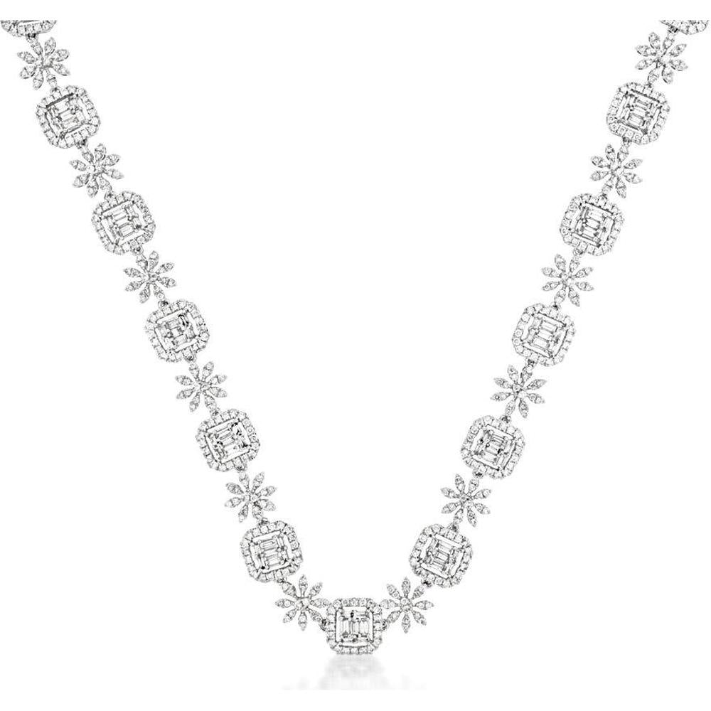 Royal 14K White Gold Diamond Necklace with Alternating Square and Flower Designs - 4.3 Carats Total Diamond Weight