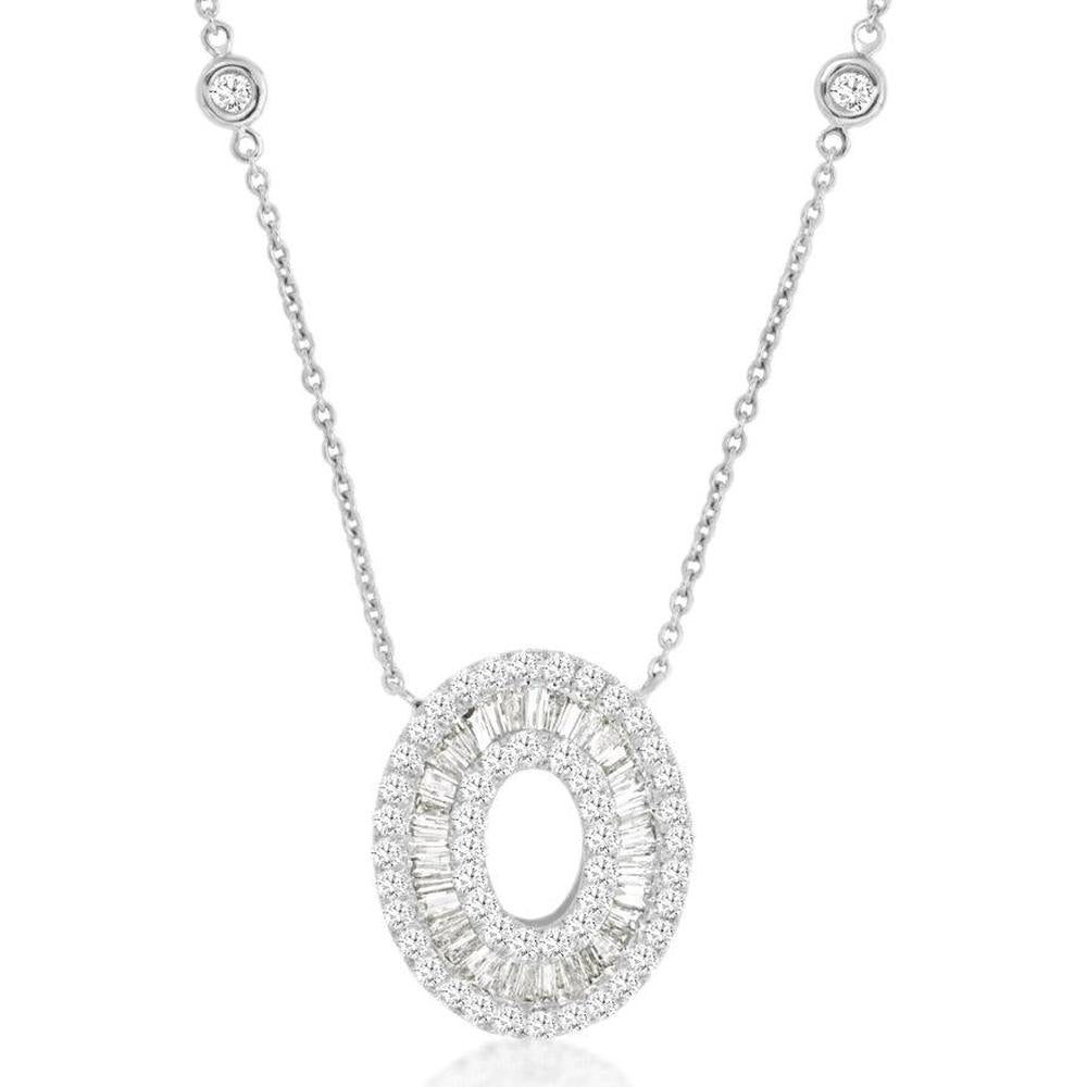 Royal 14K White Gold Diamond Necklace with Oval and Baguette Diamonds - 1.12 Carats Total Diamond Weight