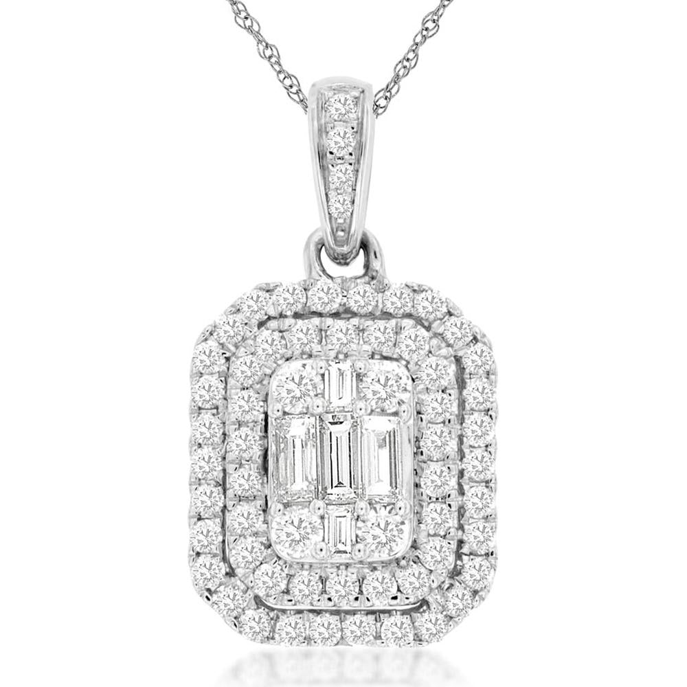 Royal 14K White Gold Diamond Pendant with Emerald-Cut and Round Diamonds - 1.00 Carats Total Diamond Weight