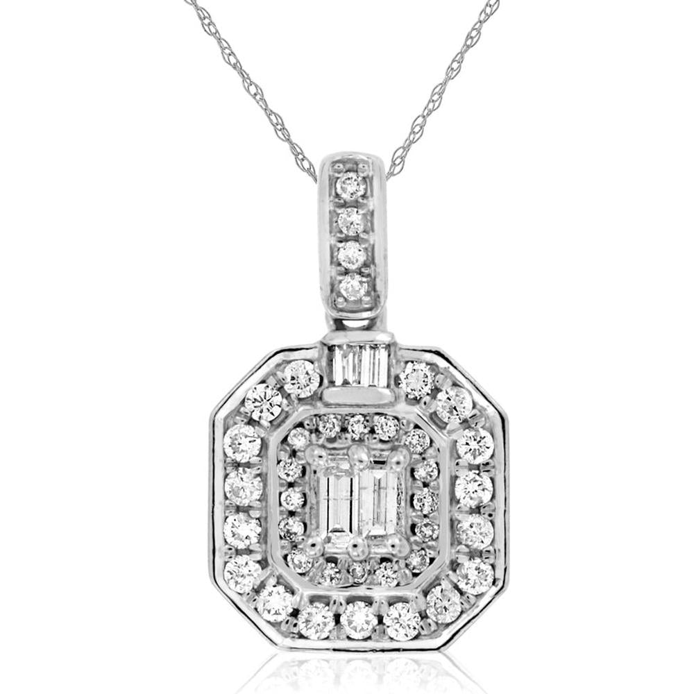 Royal 14K White Gold Diamond Pendant with Emerald Cut Center and Halo of Round Brilliants - 0.42 Carats Total Diamond Weight