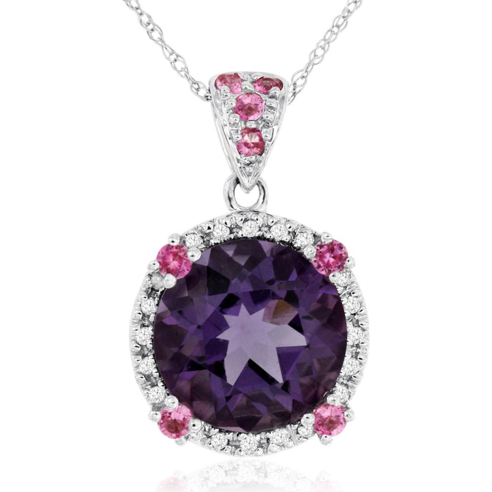 Royal 14K White Gold Diamond, Pink Sapphire & Amethyst Oval Pendant - Exquisite Elegance