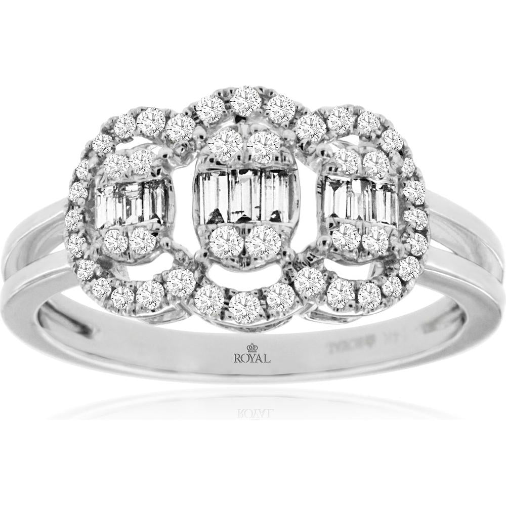 Royal 14K White Gold Diamond Ring with Emerald-Cut Center Stones and Halo of Round Diamonds - 0.41 Carats Total Diamond Weight