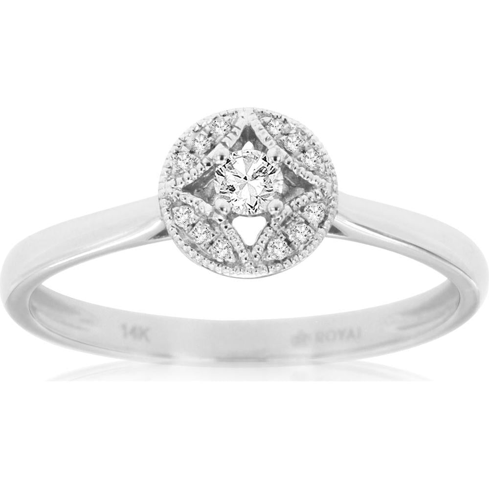 Royal 14K White Gold Diamond Ring with Halo and Milgrain Detail - 0.12 Carat Center Diamond