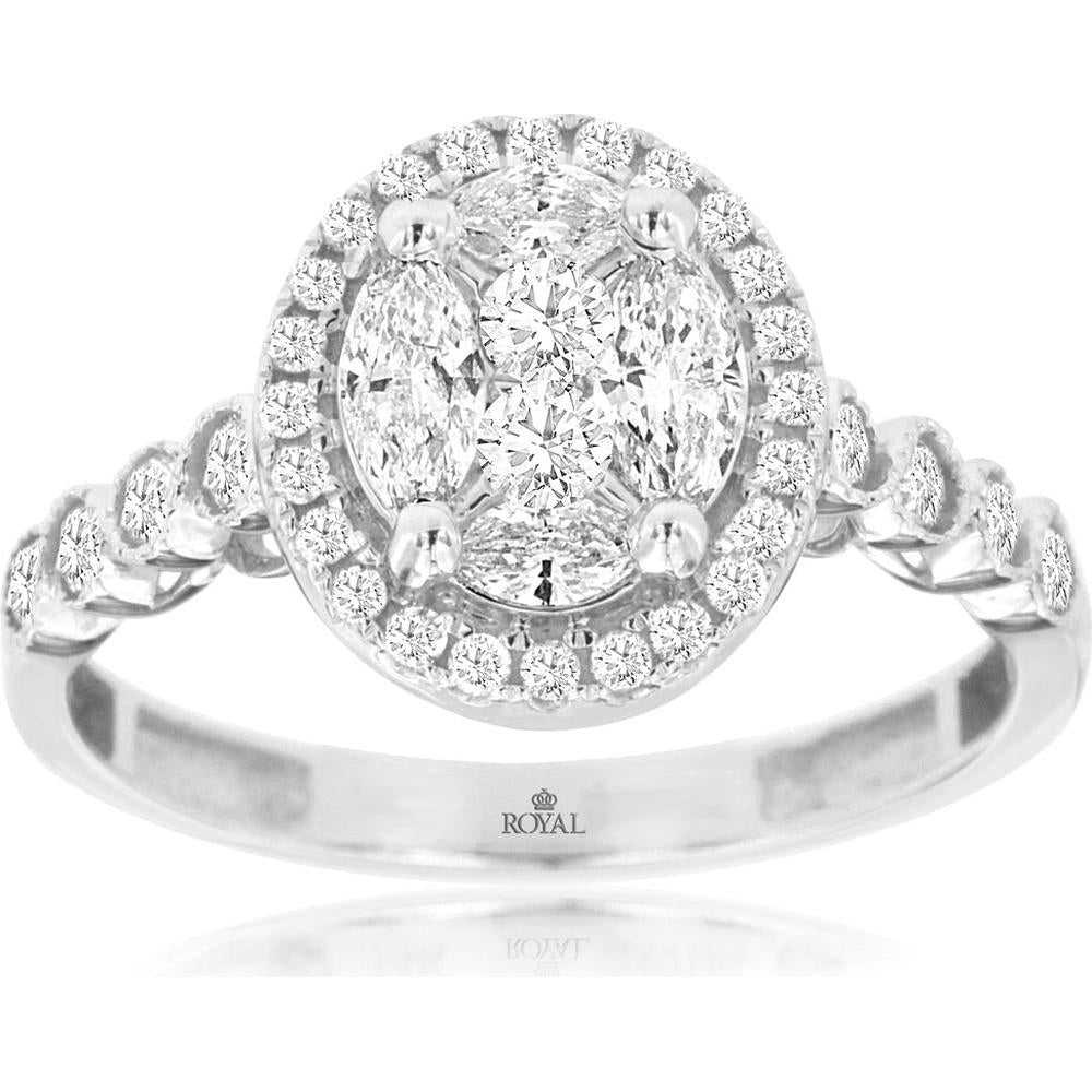 Royal 14K White Gold Diamond Ring with Oval Halo and Milgrain Detail - 0.81 Carats Total Diamond Weight