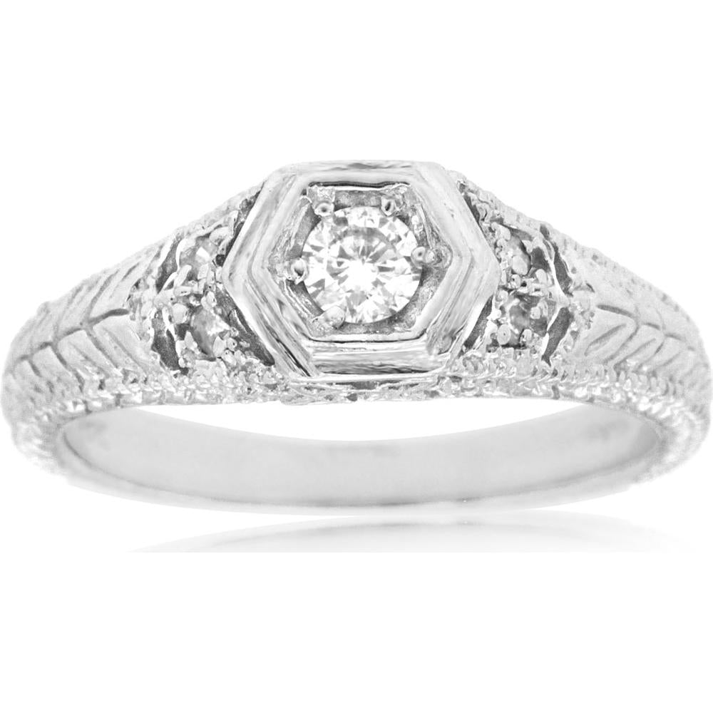 Royal 14K White Gold Diamond Ring with Round Cut Center Diamond - 0.16 Carat Total Diamond Weight