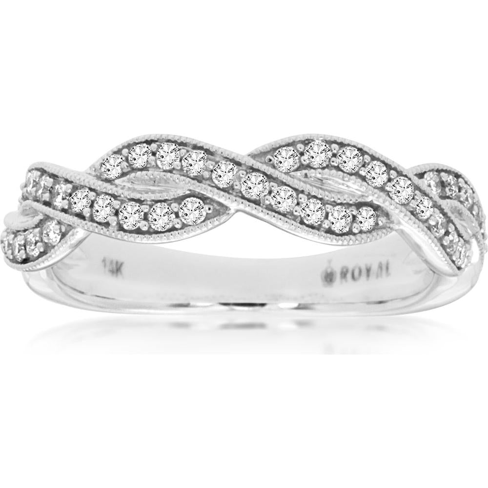 Royal 14K White Gold Diamond Ring with Wave Pattern and Milgrain Detail - 0.33 Carat Total Diamond Weight