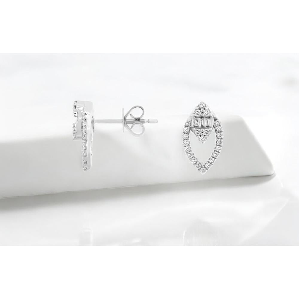 Royal 14K White Gold Diamond Stud Earrings with Baguette and Round Diamonds - 0.30 Carats Total Diamond Weight